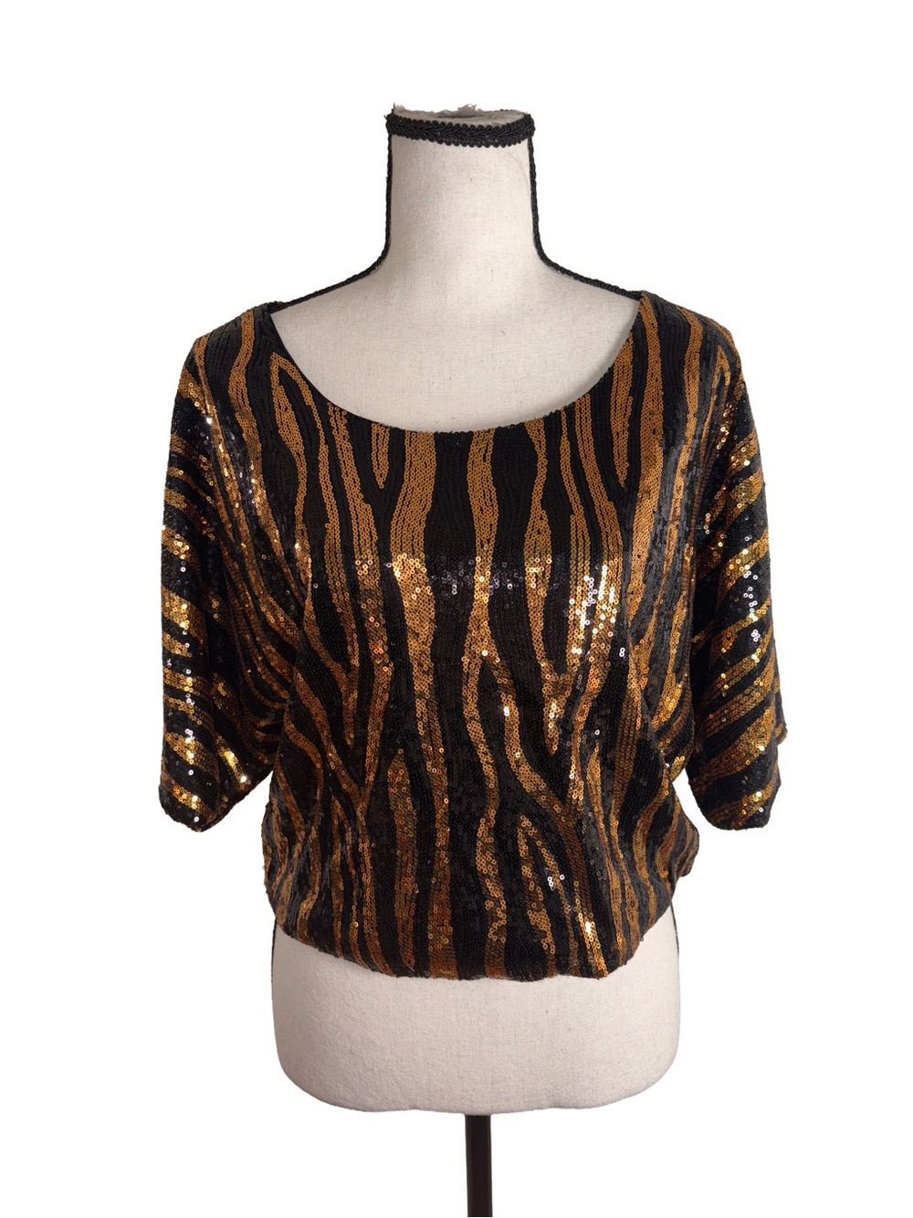 Sans Souci Black & Gold Sequin Zebra Animal Print Batwing Top Size S